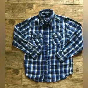 Wrangler blue white plaid long sleeve flannel button down shirt boy Large 10-12